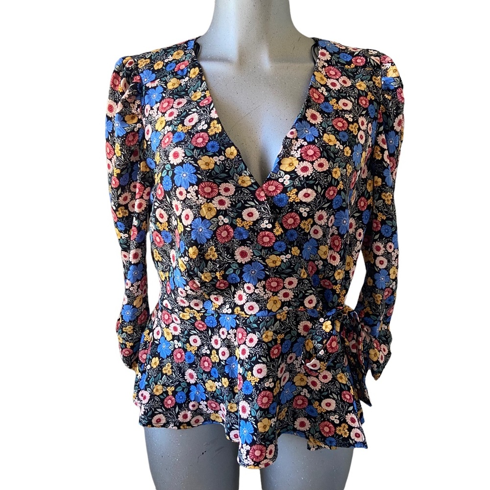 Lily White Faux Wrap Blouse Floral Multi Color Blue Pink Sz XL Lightweight Boho